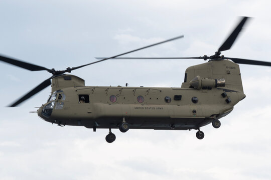 Kanagawa, Japan - May 29, 2019:United States Army Boeing CH-47F Chinook heavy-lift helicopter.