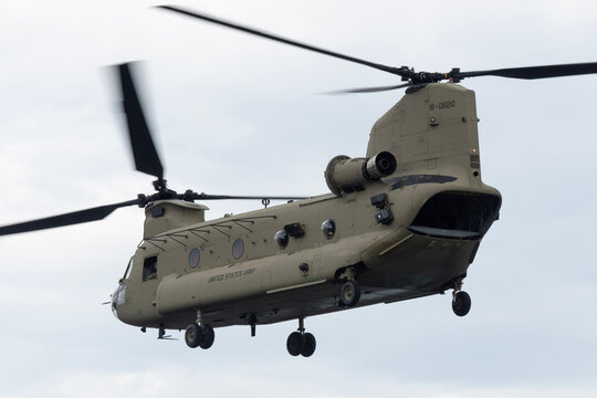 Kanagawa, Japan - May 29, 2019:United States Army Boeing CH-47F Chinook heavy-lift helicopter.