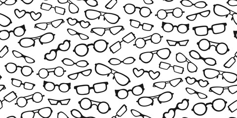 Glasses classic shape stylish black silhouette seamless pattern. Rim glasses, spectacle frame and eyewear. Fashion woman or man glasses, hipster optical texture. Isolated wallpaper vector illustration