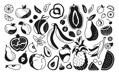 Fototapeta premium Exotic hawaiian fruit black and white glyph set. Tropical fruit, pineapple blackberry pear watermelon tangerine. Vitamin apple plum apricot, fig strawberry lemon. Isolated trendy vector illustration