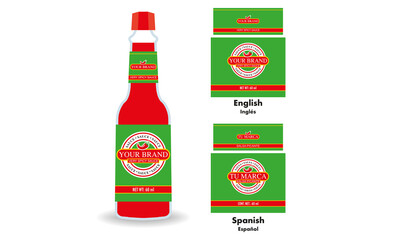 your brand very spicy sauce bottle, red hot sauce, transparent small bottle illustration vector, pepper sauce, labels in two idioms, english and spanish