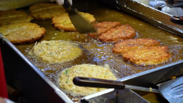 Korean traditional mung bean pancake, Street food in Korean market, Food made from healthy green beans, Simple snacks using green beans