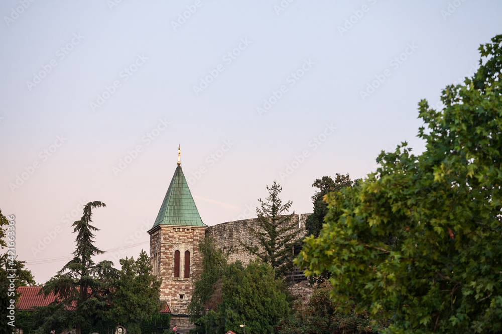 Wall mural selective blur on the steeple tower of the crkva ruzica church in the kalamegdan park of belgrade, s