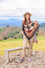 Asian Woman with Rice Field Background at Pa Bong Piang Rice Terraces
