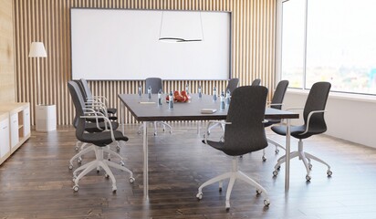 conference room interior with wooden walls