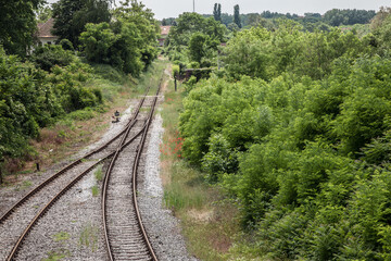 Fototapeta na wymiar Panorama of old and rusty switch rail on an abandoned railway line with its typical metal track covered in grass and vegetals due to the lack of use
