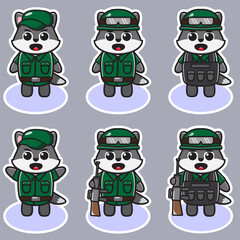 Vector illustration of cute Wolf Soldier Cartoon. Cute Wolf expression character design bundle. Good for icon, logo, label, sticker, clipart.