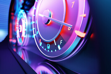 3D illustration  of the tachometer of a modern ca shows a maximum number of revolutions  with an integrated fuel gauge in the tank under pink, purple and blue color - obrazy, fototapety, plakaty
