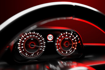 3D illustration of the new car interior details. Speedometer shows a maximum speed of 240 km  h, tachometer with red backlight. Design and interior of a modern car.. .