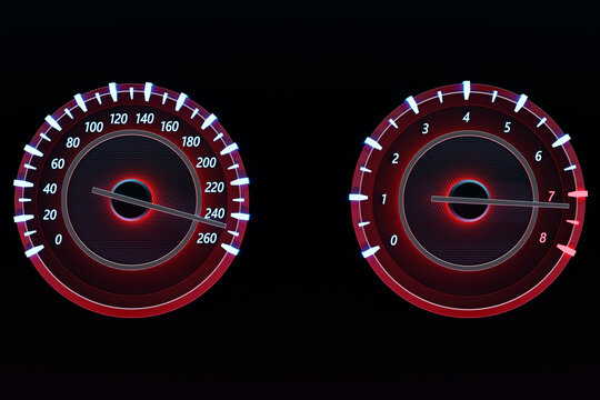  3D illustration of the sign and symbol on car dashboard. Car speedometer and tachometer  closeup under red neon lights. .