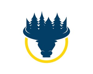 Bull head with pine forest with yellow circle