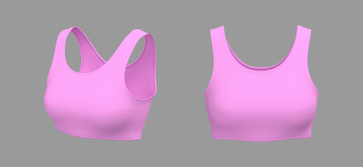 Women’s sports bra mockup in front and side views, design presentation for print, 3d illustration, 3d rendering