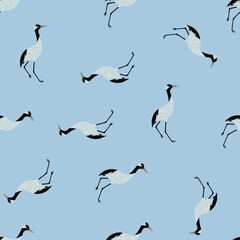 Hand drawn animal seamless pattern with random abstract crane birs print. Blue background. Simple design.