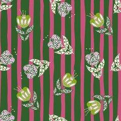 Hand drawn abstract botanic seamless pattern with green colored folk flowers elements. Striped pink background.