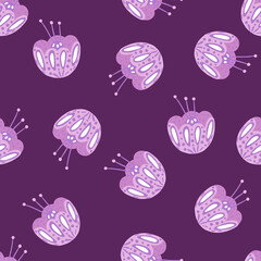 Folk flowers doodle seamless pattern with random lilac folk flowers ornament. Purple background.