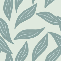 Pastel pale seamless pattern with pale blue leaf ornament elements. Light background. Doodle shapes.