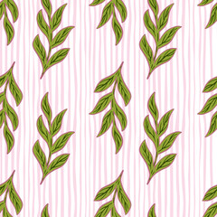 Creative seamless pattern with green doodle outline branches print. Light striped background.