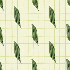 Geometric style nature seamless pattern with green pale leaves silhouettes. White chequered background.