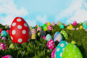 3d rendering outdoor grass field with multicolor many more easter eggs with a blue sky background.