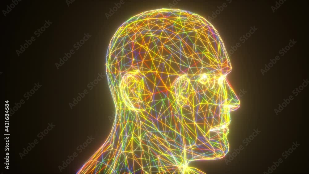 Poster colorful neon head, computer generated. 3d rendering abstract backdrop from thin net