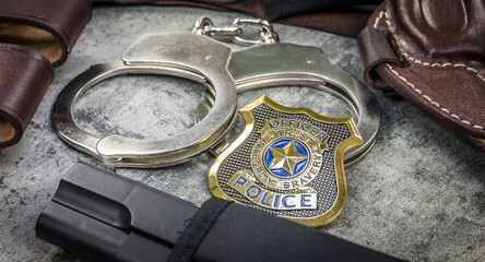 Police badge, holster and handcuffs on stone background. Macro shoot