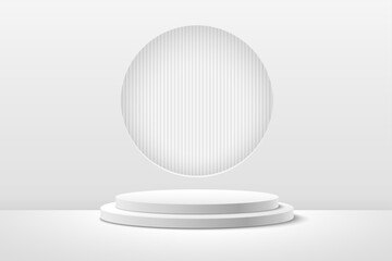 Abstract vector rendering 3d shape for product display presentation. Luxury white cylinder pedestal podium. White minimal wall scene and vertical stripes circle shape backdrop. Vector illustration.