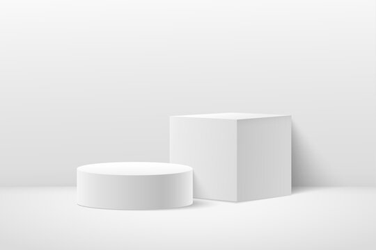 Abstract vector rendering 3d shape for cosmetic products display presentation. Modern white and light gray geometric shape pedestal podium with white empty room background. Minimal scene studio room.