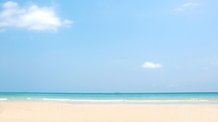 Summer background. Blue sky and white sand on the beach. Background in the vacation in Summer time.