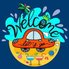 Hand lettering with illustration (summer), simple with doodle patterns, can be adapted for a variety of applications such as web backgrounds and more