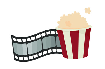 Fototapeta na wymiar Popcorn bucket, film strip. Vector illustration for cinema theater, film industry, movie making concept.