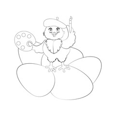 Chick painting easter eggs cute animal vector illustration outline