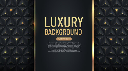 Luxury vertical black stripe with gold border on the dark geometric background. VIP invitation banner. Premium and elegant. Vector illustration.