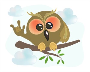 Cool confident owl sitting on a branch. Cute owlet with a successful gesture. Vector illustration on a white background with clouds.
