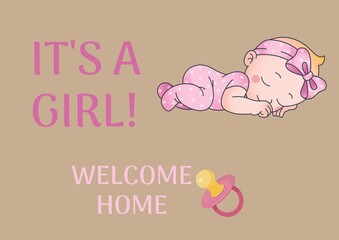 Digitally generated image of its a girl text and baby girl sleeping against brown background