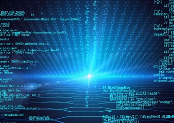 Composition of binary coding and data processing over blue glowing background