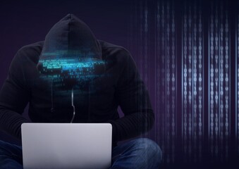 Composition of binary coding and data processing over hacker in hood using laptop