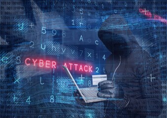 Composition of binary coding and cyber attack warning text over hacker in hood using laptop