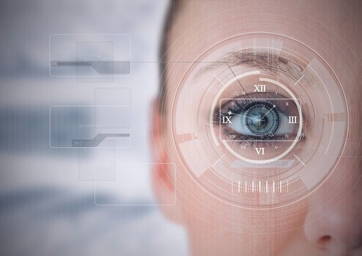 Round scanner and digital interface with data processing against close up of female human eye - Powered by Adobe