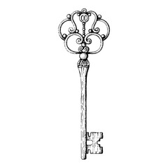 Old key. Black and white illustration on a white background.