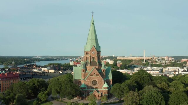 Sofia Church and island waterways, Stockholm aerial panorama