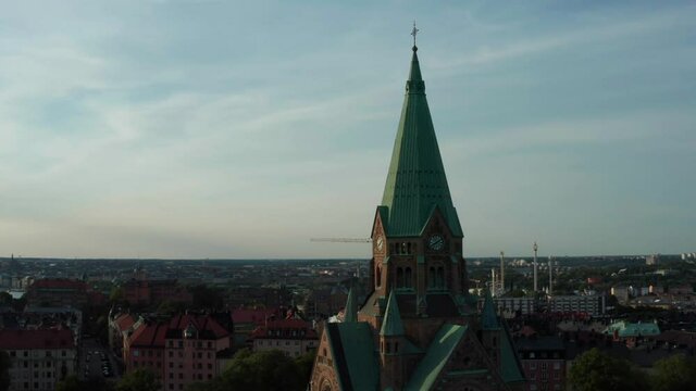 Sofia Church above S&ouml;dermalm rooftops, Stockholm aerial view