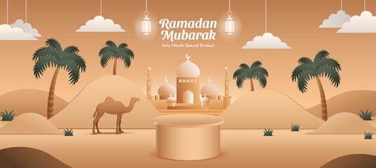 Ramadan Mubarak Background With Realistic Desert Palm Tree Podium Illustration Concept