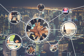 Business network web banner photo set in concept of management and growth by using corporate teamwork and people networking skills .