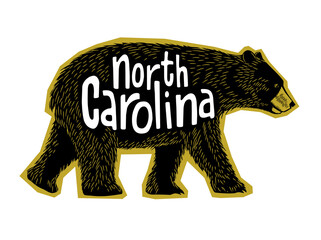 Drawing of cute Black Bear walking with North Carolina handwriting. For t-shirt design, labels, stickers, print design.  Vector illustration. - 421698954