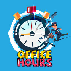 businessman runout from stop watch. busy office hours concept - vector