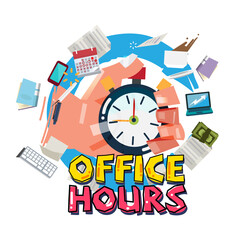 stopwatch in hand with office tools icon. office hour concept