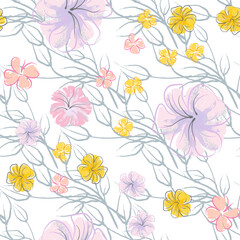 Pink Flowers Blooming Pattern. Pastel Watercolor.