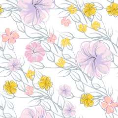 Tuinposter Pink Flowers Blooming Pattern. Pastel Watercolor. © Сашка Шаргаева