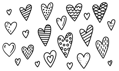Doodle cartoon cute hearts. Valentine's Day. Hearts with geometric pattern. Black vector isolated on a white background. Hand drawn print for stickers, textile, page fill, wallpaper, packaging, design