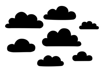 Set of black fluffy clouds silhouettes isolated on white background. Cloud shapes in flat cartoon style. Hand drawn vector for cards, stickers, textiles, fabrics, backgrounds, packaging and design.
